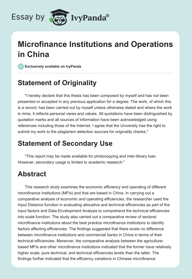 Microfinance Institutions and Operations in China. Page 1