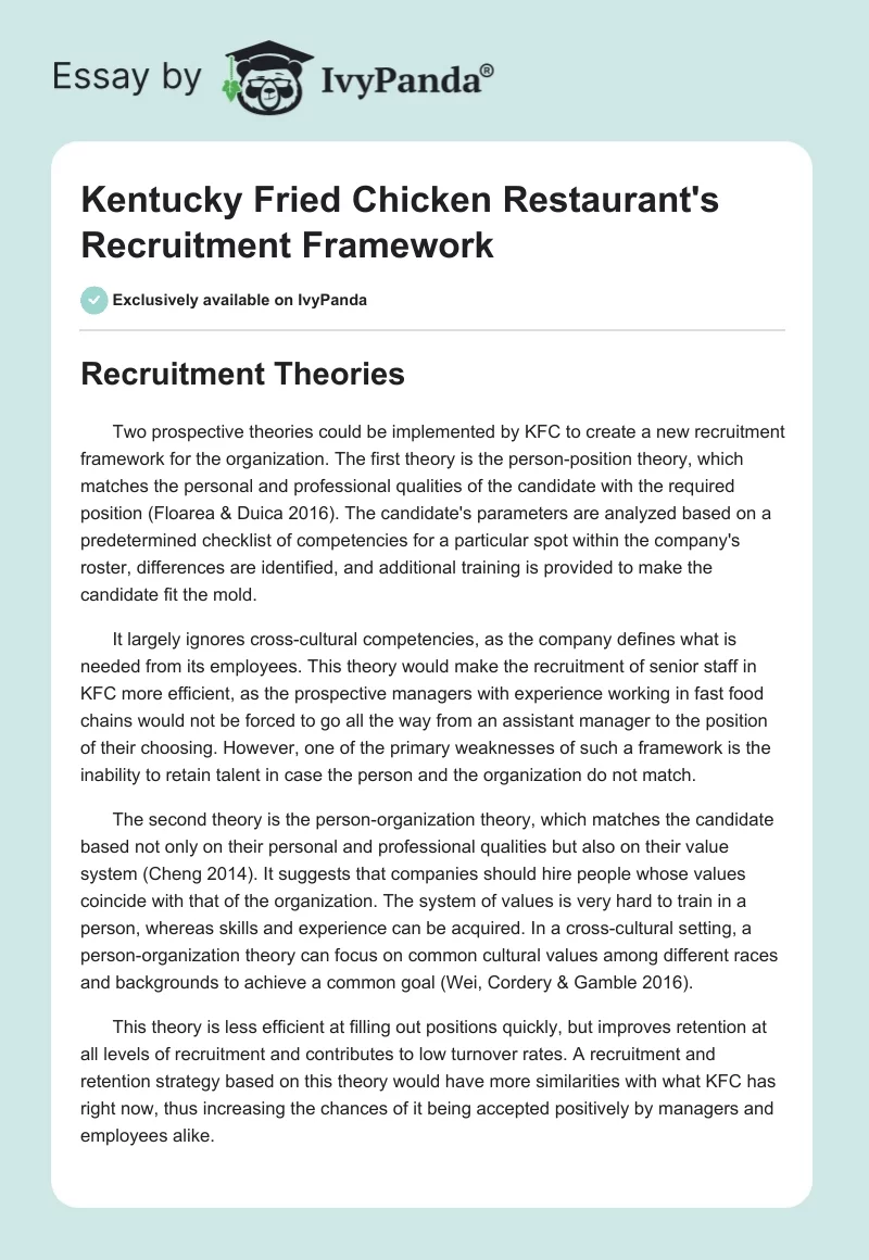 Kentucky Fried Chicken Restaurant's Recruitment Framework. Page 1