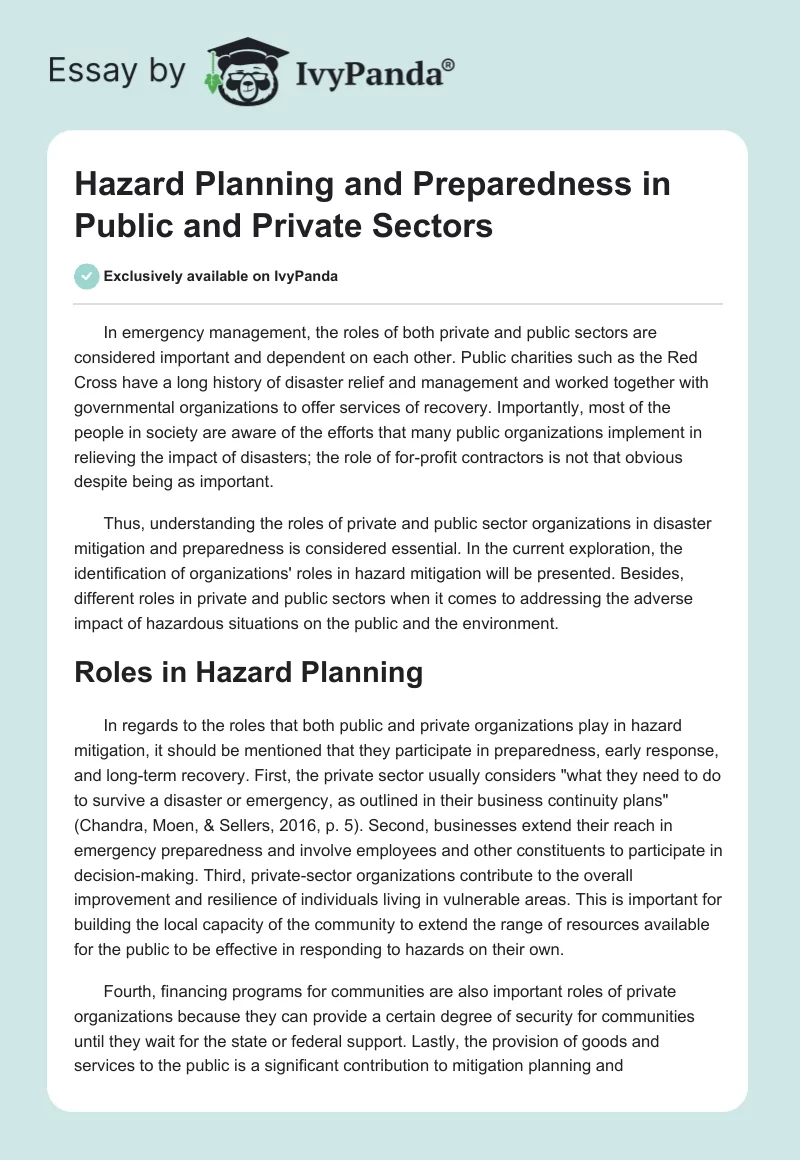 Hazard Planning and Preparedness in Public and Private Sectors. Page 1