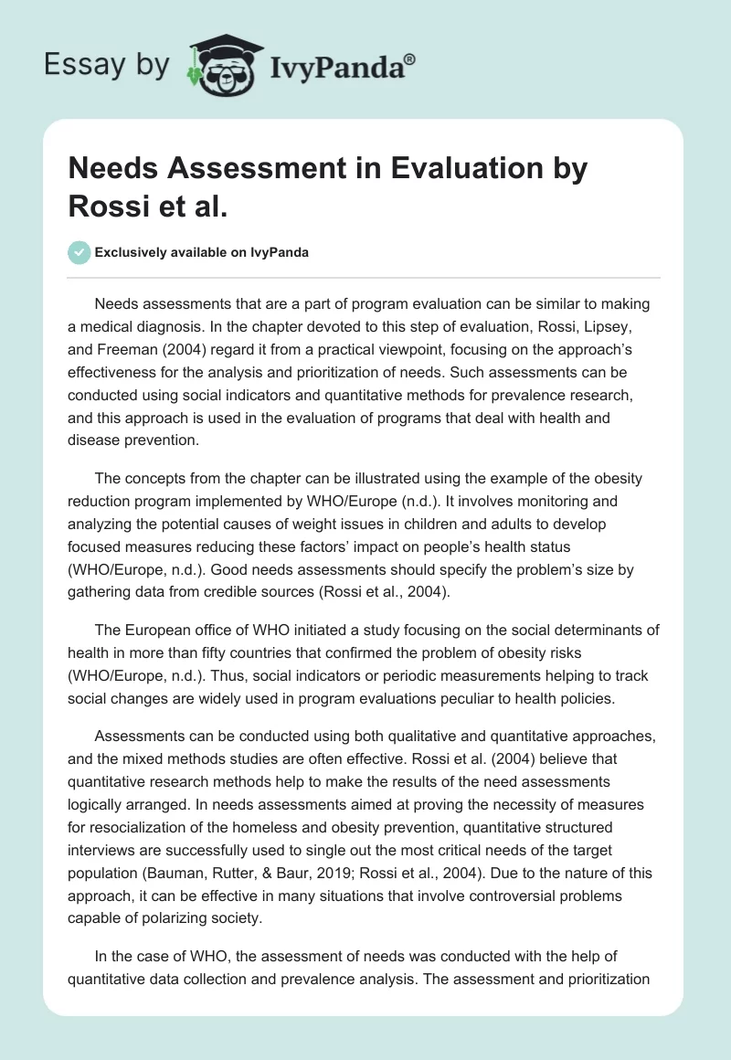Needs Assessment in "Evaluation" by Rossi et al.. Page 1
