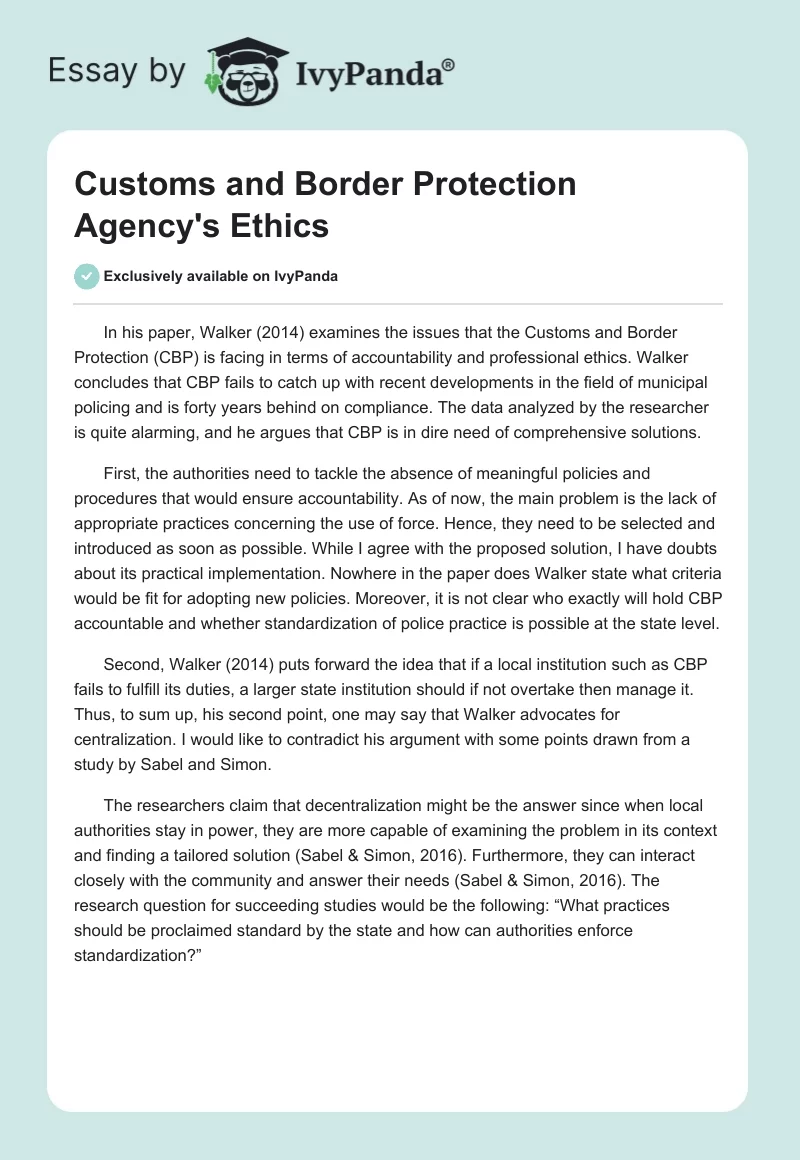 Customs and Border Protection Agency's Ethics. Page 1