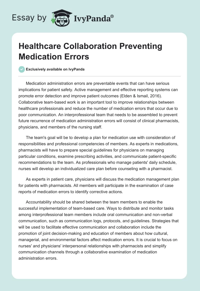 Healthcare Collaboration Preventing Medication Errors. Page 1