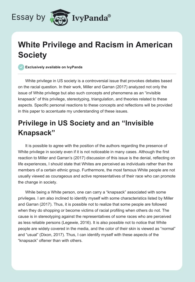 White Privilege and Racism in American Society. Page 1