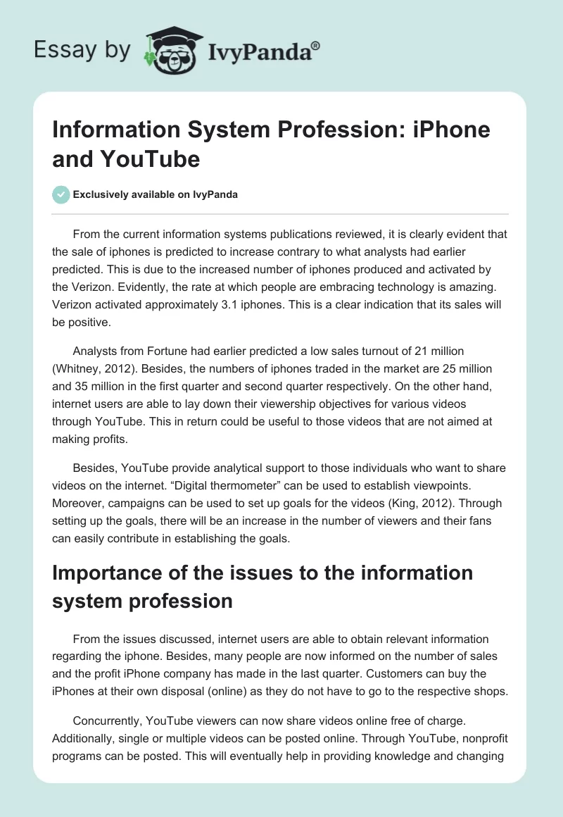 Information System Profession: iPhone and YouTube. Page 1