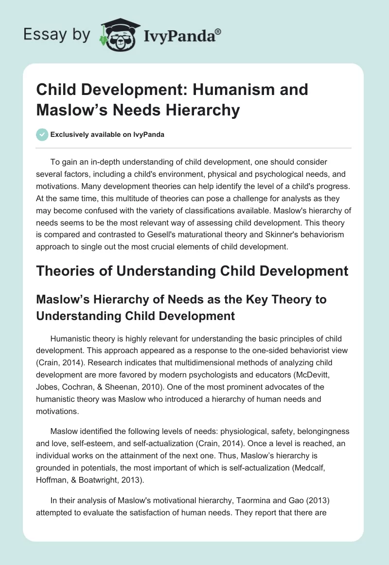 Child Development: Humanism and Maslow’s Needs Hierarchy. Page 1
