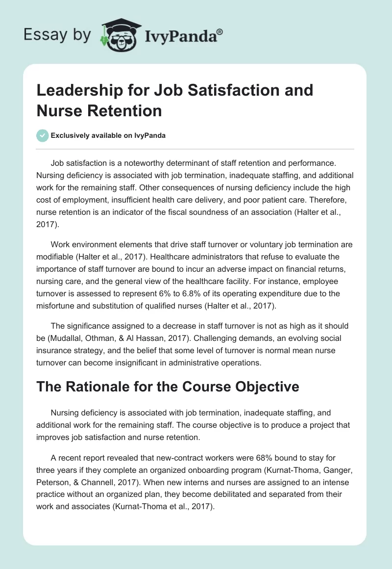 Leadership for Job Satisfaction and Nurse Retention. Page 1