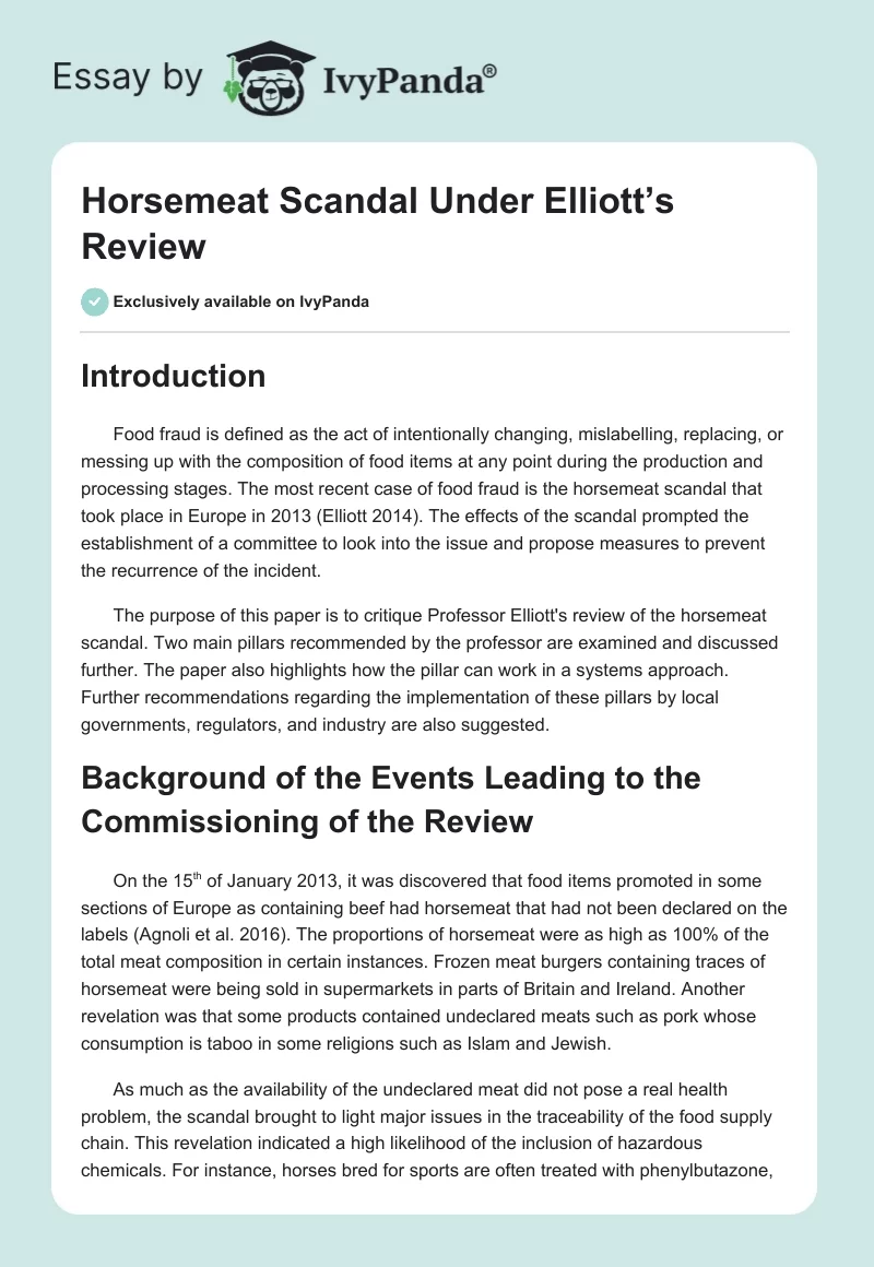 Horsemeat Scandal Under Elliott’s Review. Page 1