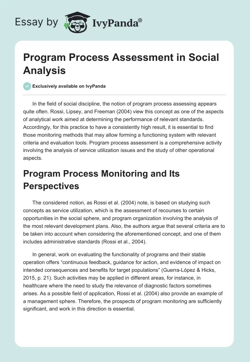 Program Process Assessment in Social Analysis. Page 1