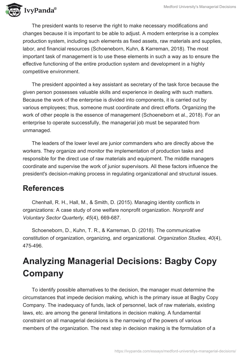 Managerial Decisions: Medford University and Bagby Copy Company. Page 2
