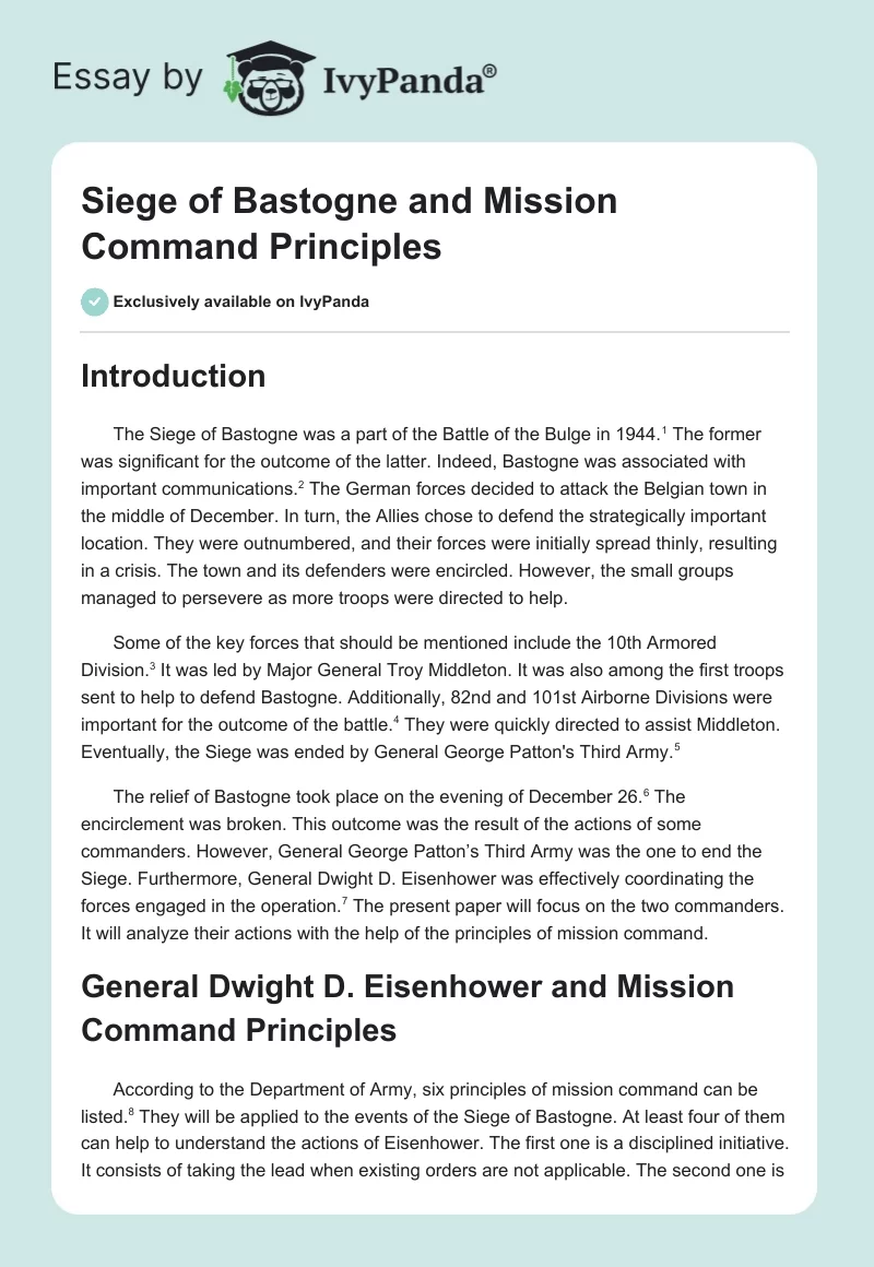 Siege of Bastogne and Mission Command Principles. Page 1
