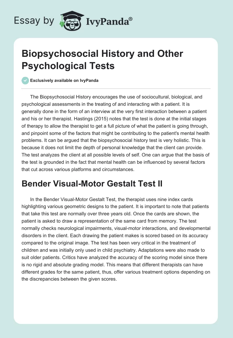 Biopsychosocial History and Other Psychological Tests. Page 1