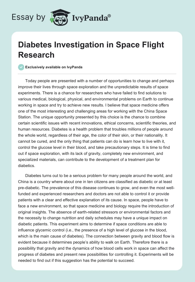 Diabetes Investigation in Space Flight Research. Page 1
