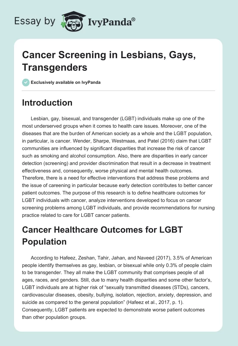 Cancer Screening in Lesbians, Gays, Transgenders. Page 1