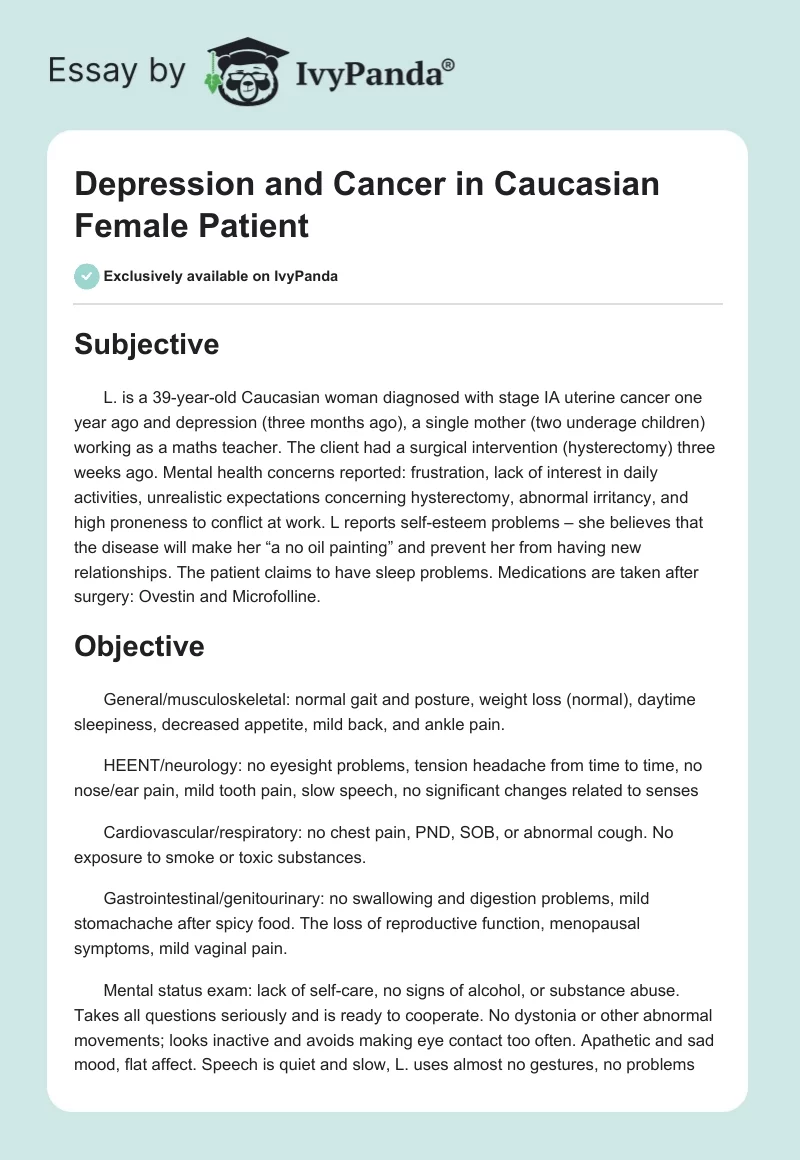 Depression and Cancer in Caucasian Female Patient. Page 1