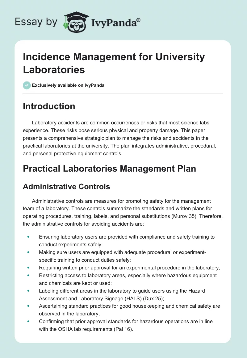 Incidence Management for University Laboratories. Page 1