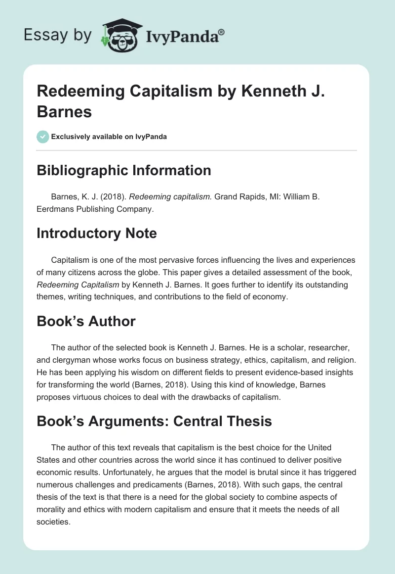 "Redeeming Capitalism" by Kenneth J. Barnes. Page 1