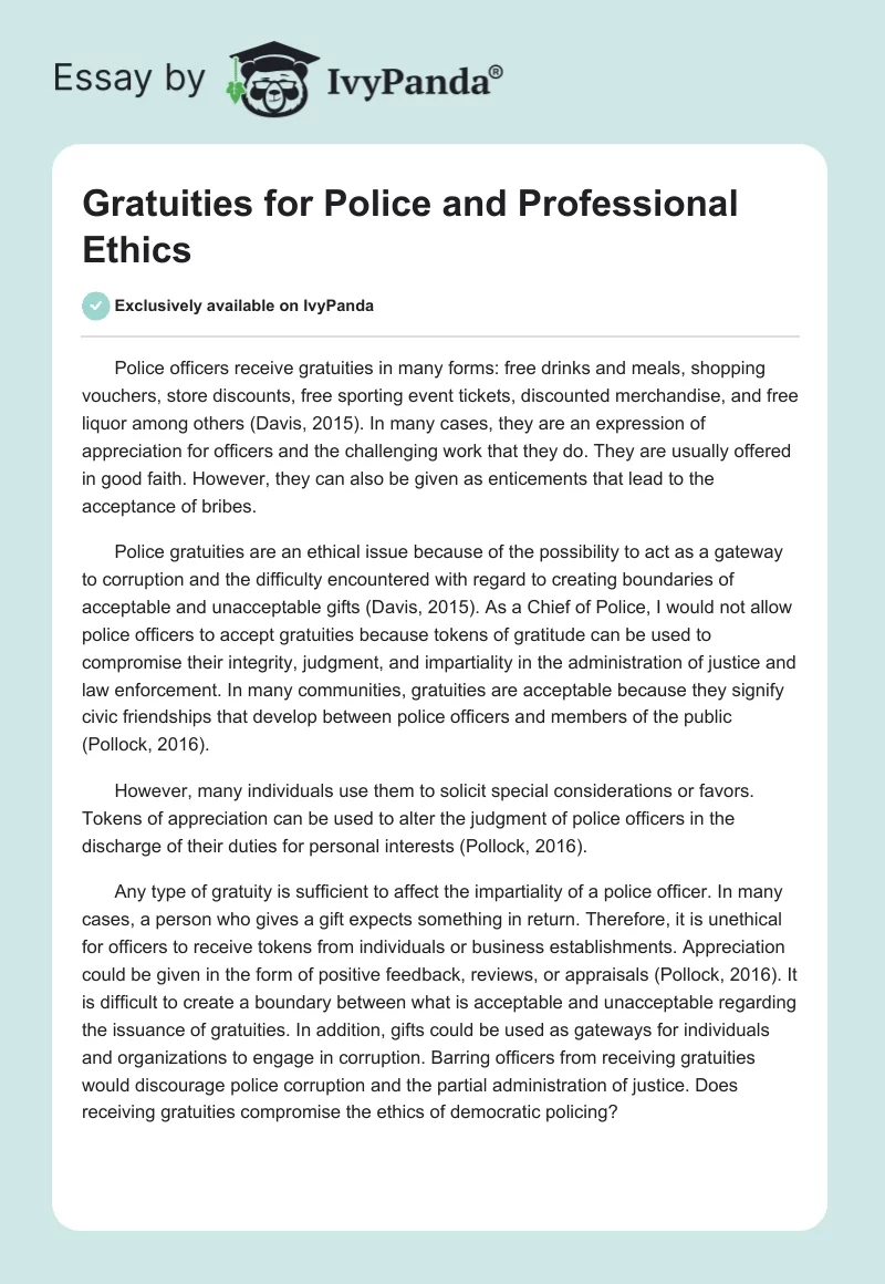 Gratuities for Police and Professional Ethics. Page 1