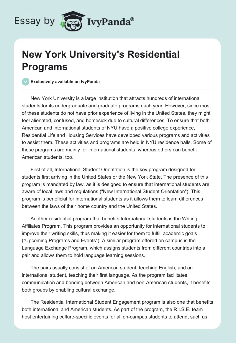 New York University's Residential Programs. Page 1