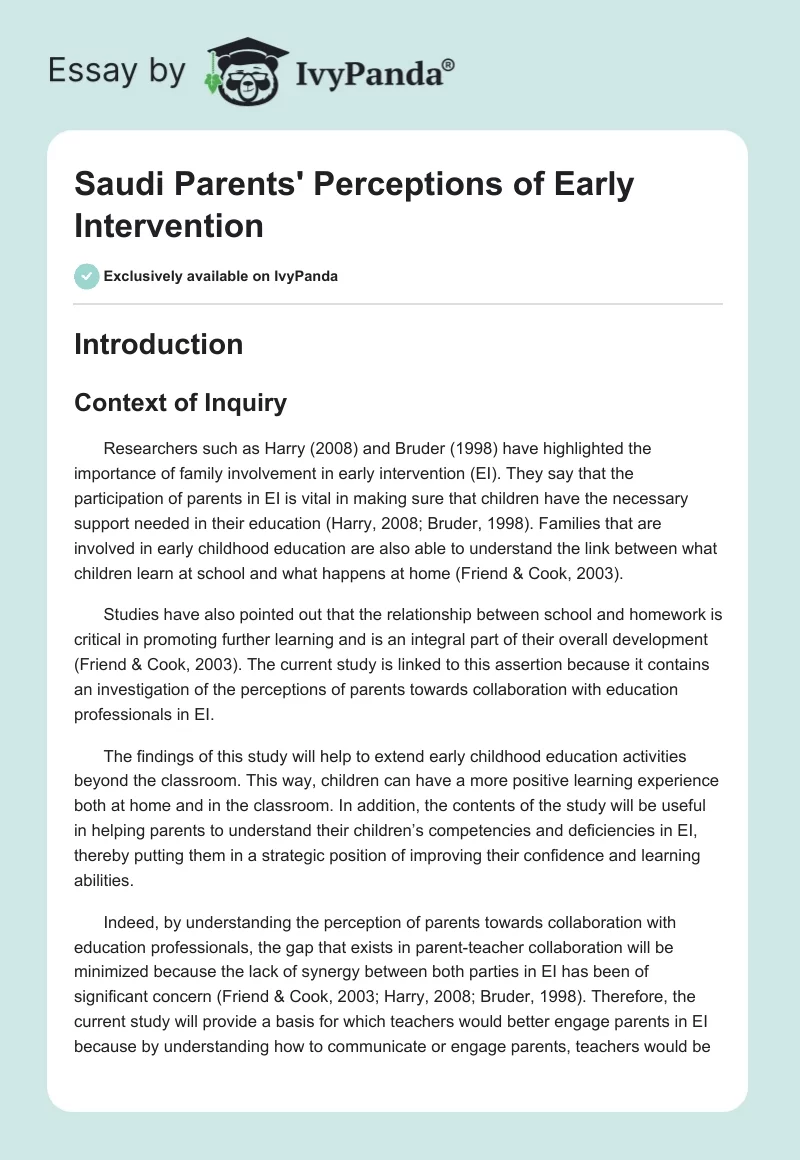 Saudi Parents' Perceptions of Early Intervention. Page 1