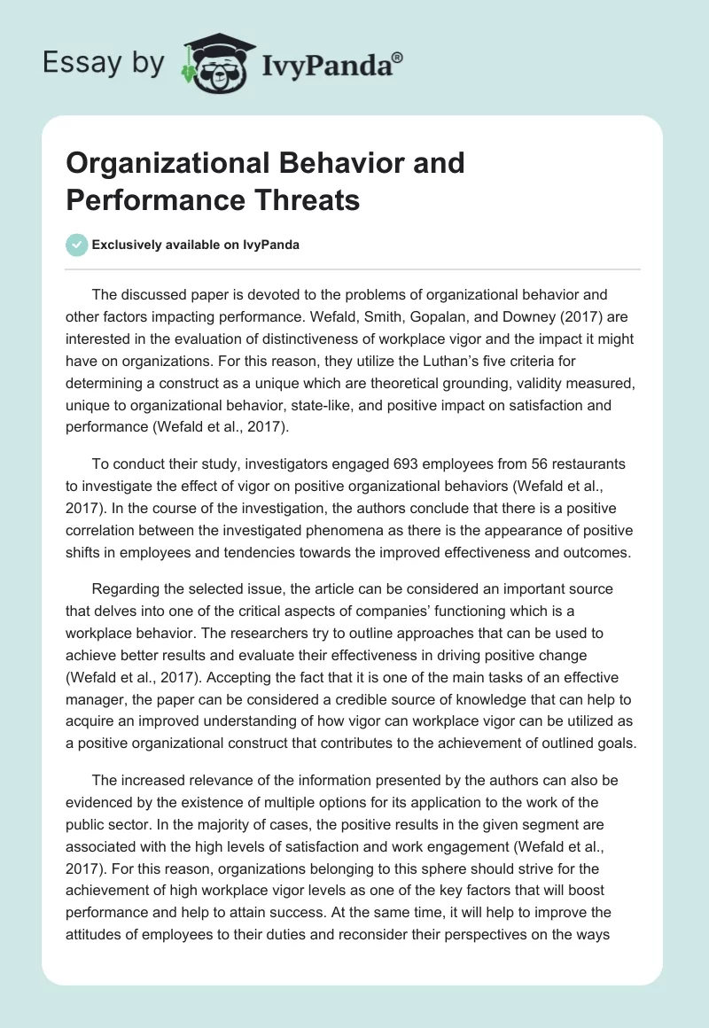 Organizational Behavior and Performance Threats. Page 1