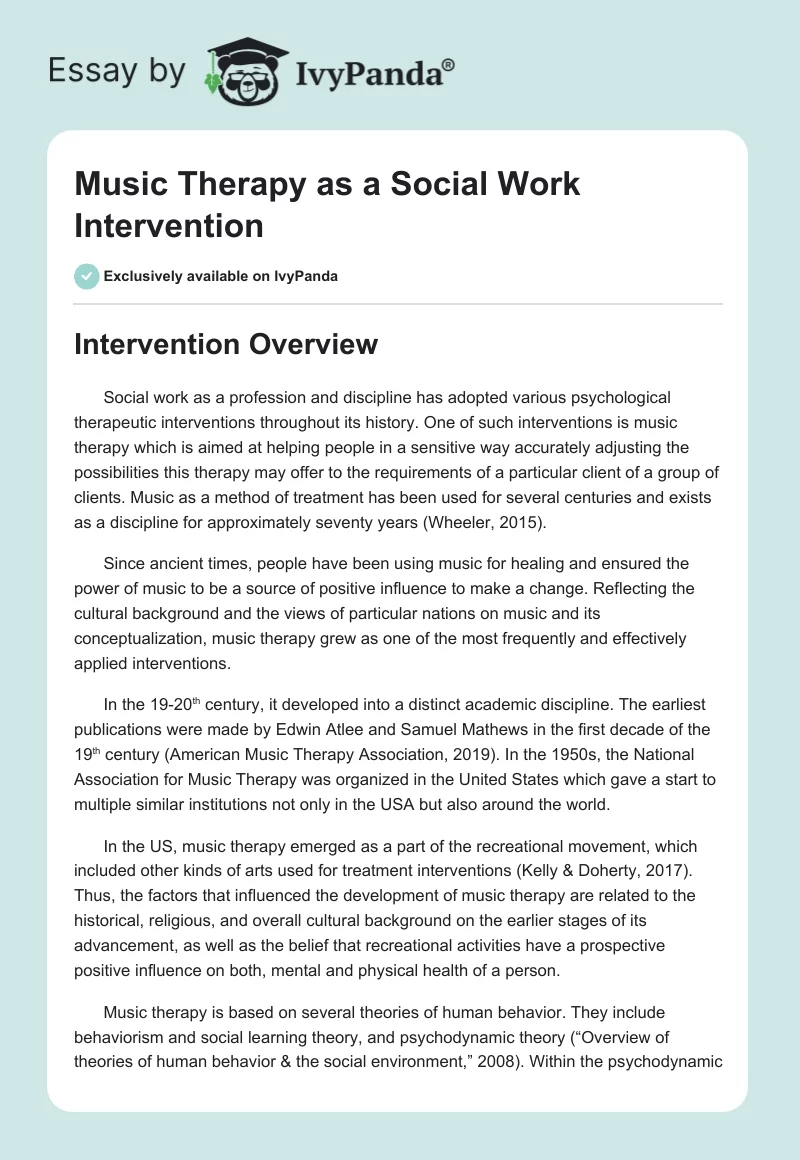 Music Therapy as a Social Work Intervention. Page 1