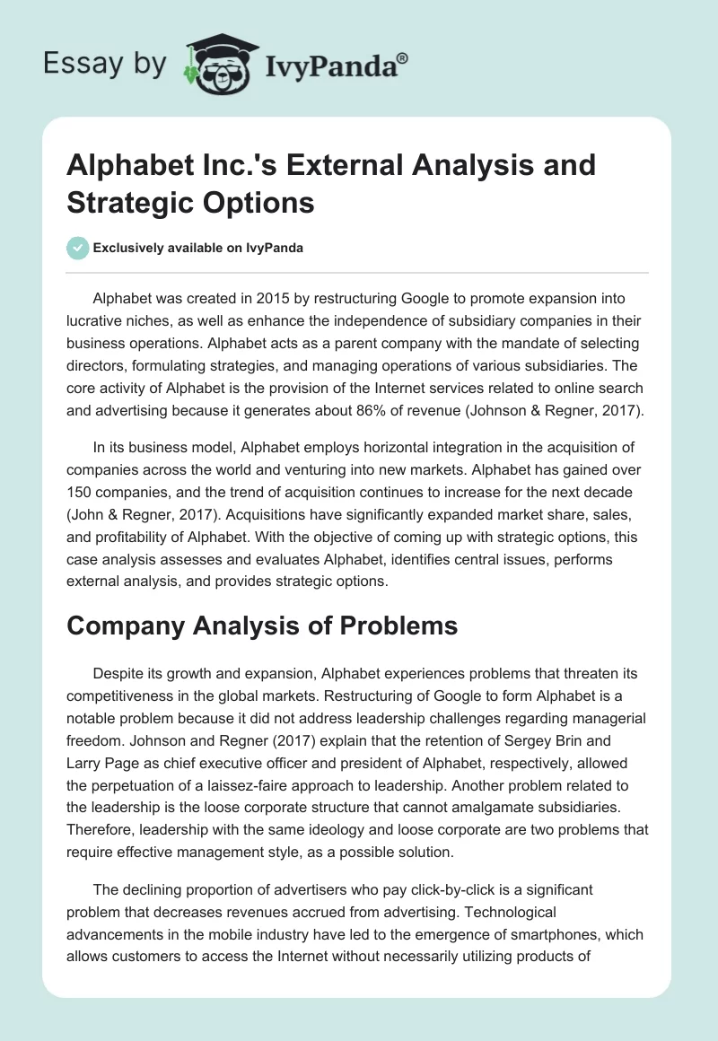 Alphabet Inc.'s External Analysis and Strategic Options. Page 1