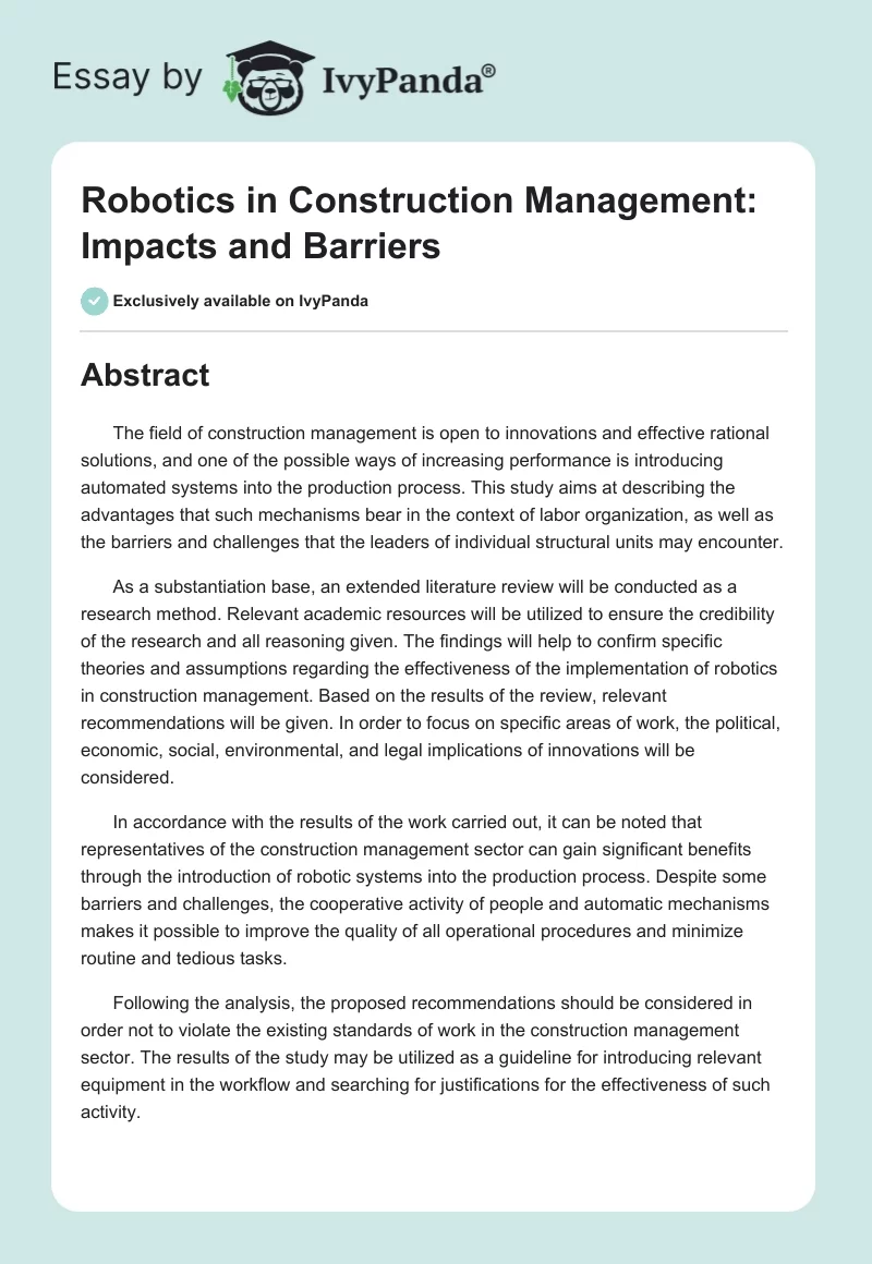 Robotics in Construction Management: Impacts and Barriers. Page 1
