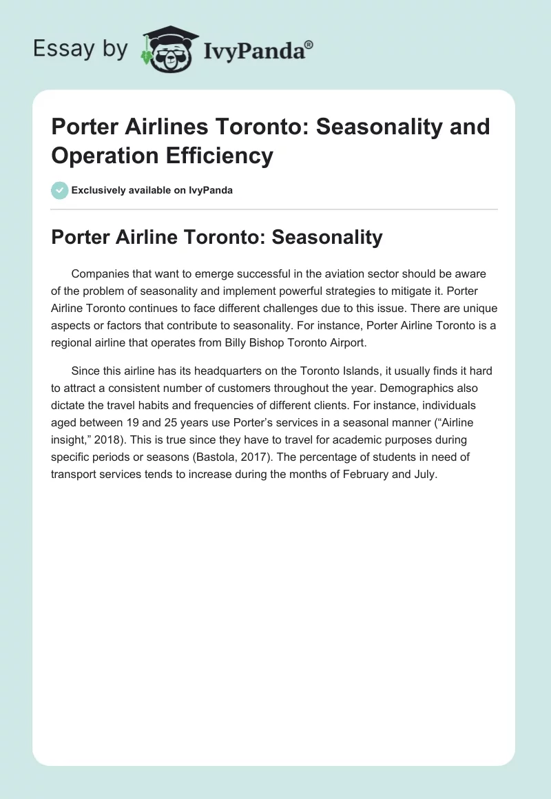 Porter Airlines Toronto: Seasonality and Operation Efficiency. Page 1