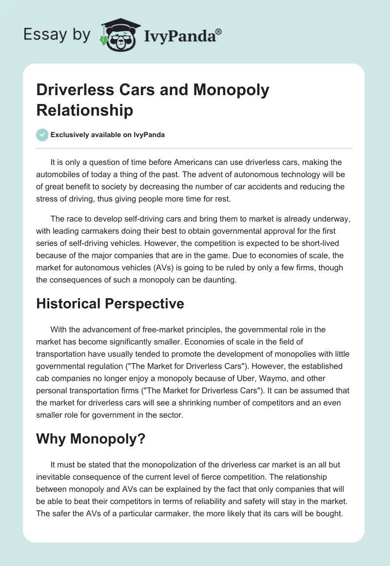 Driverless Cars and Monopoly Relationship. Page 1