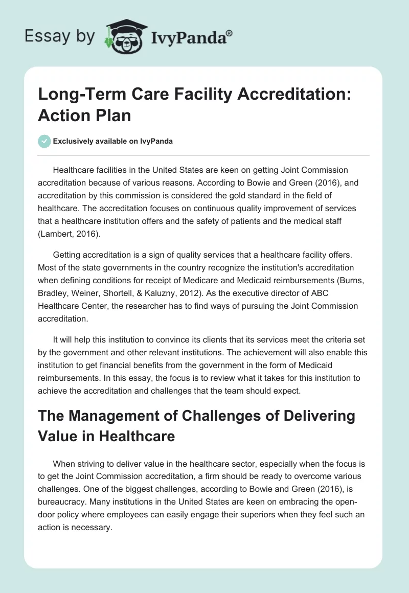 Long-Term Care Facility Accreditation: Action Plan. Page 1