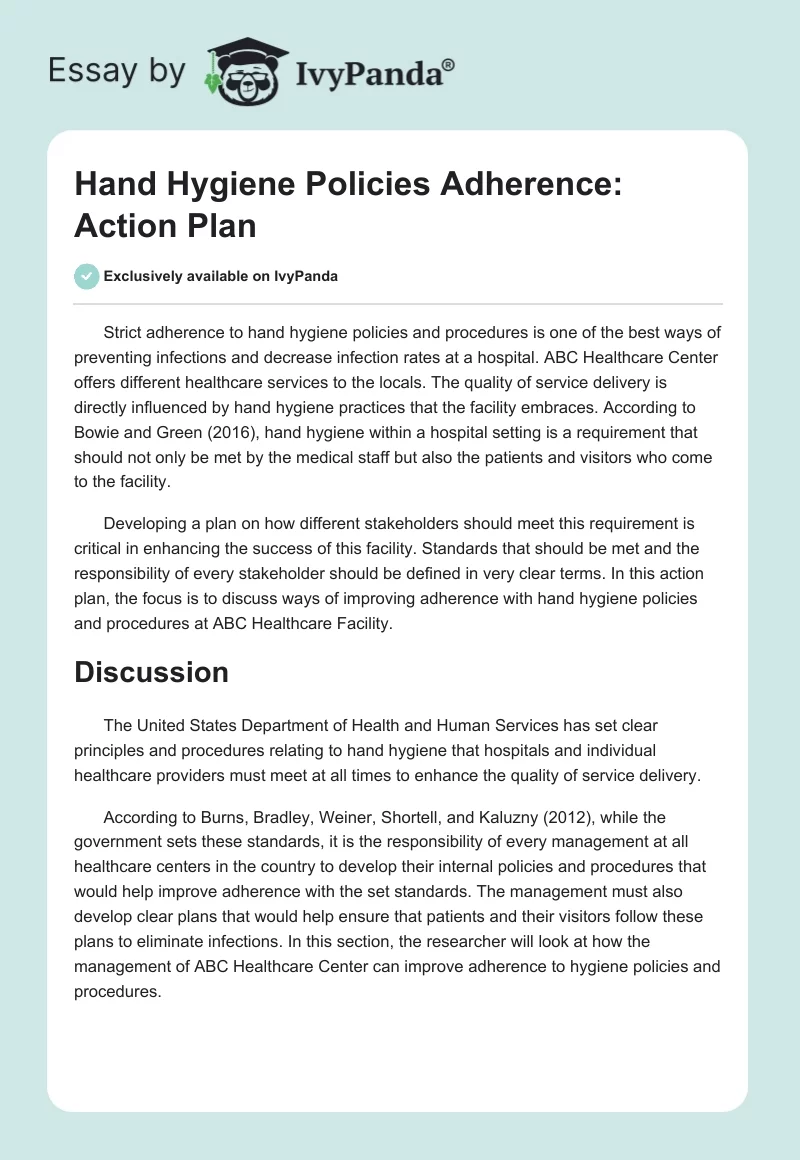 Hand Hygiene Policies Adherence: Action Plan. Page 1