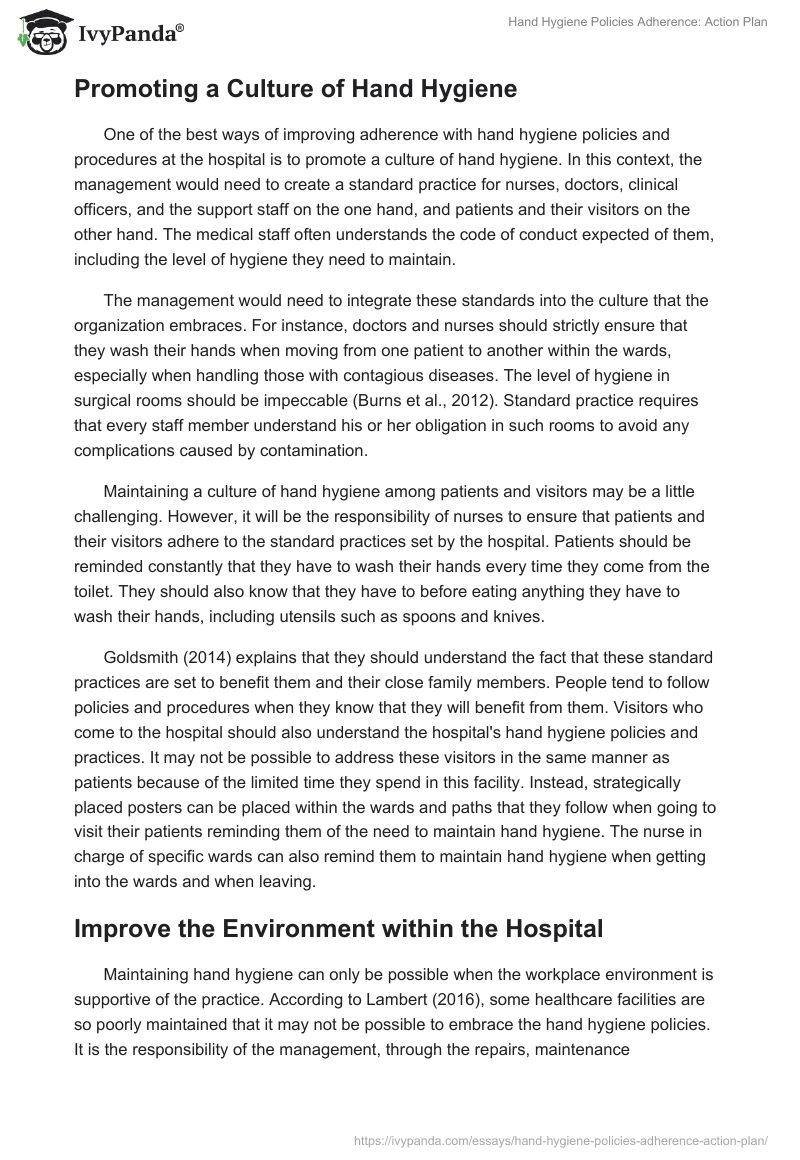 Hand Hygiene Policies Adherence: Action Plan. Page 2