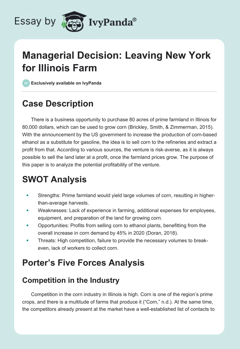 Managerial Decision: Leaving New York for Illinois Farm. Page 1
