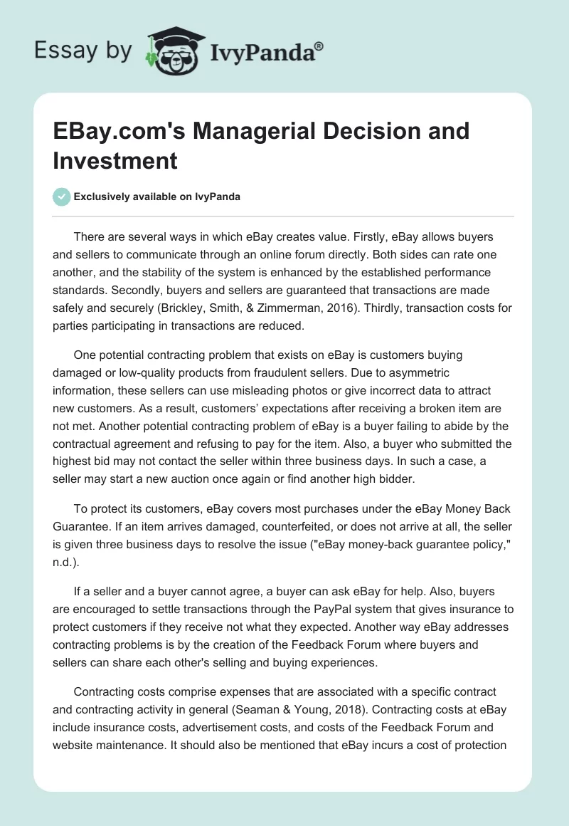 EBay.com's Managerial Decision and Investment. Page 1