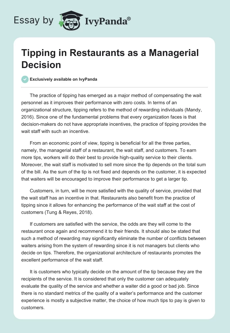 Tipping in Restaurants as a Managerial Decision. Page 1