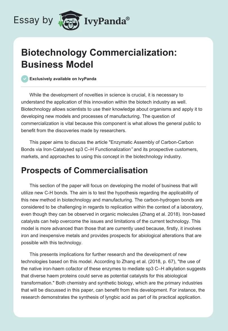Biotechnology Commercialization: Business Model. Page 1