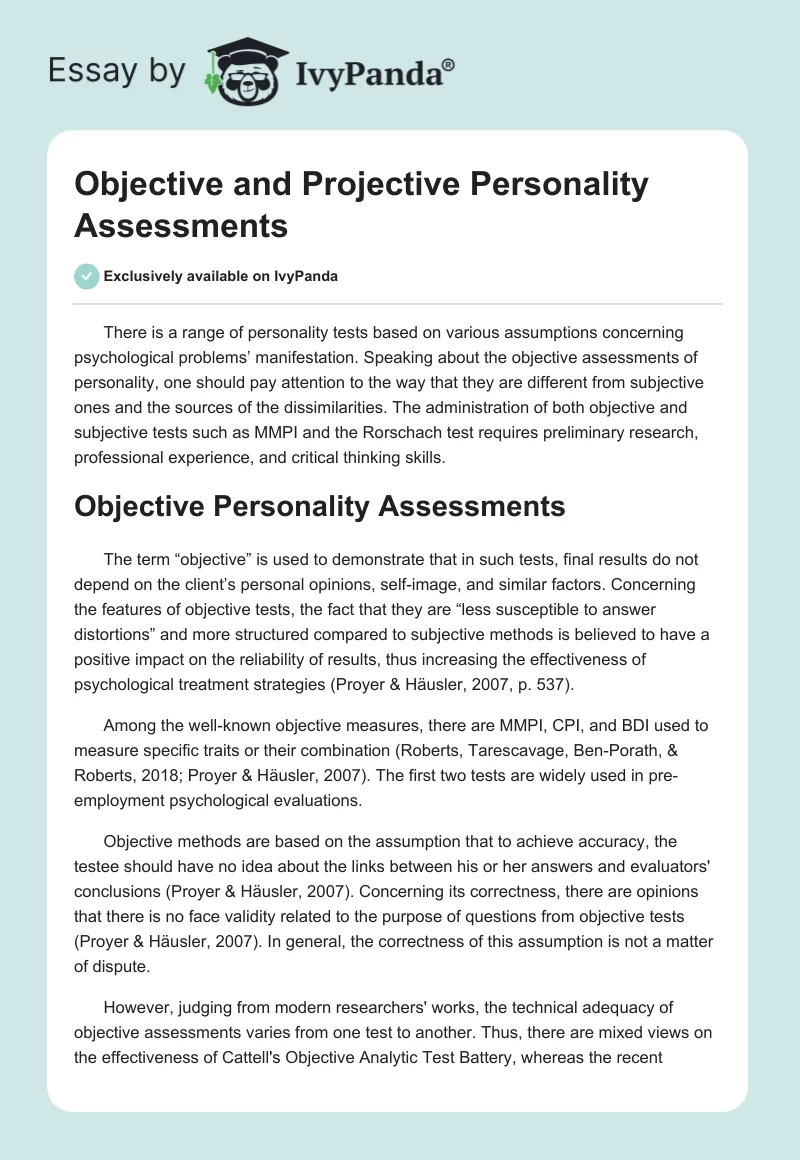 Objective and Projective Personality Assessments. Page 1