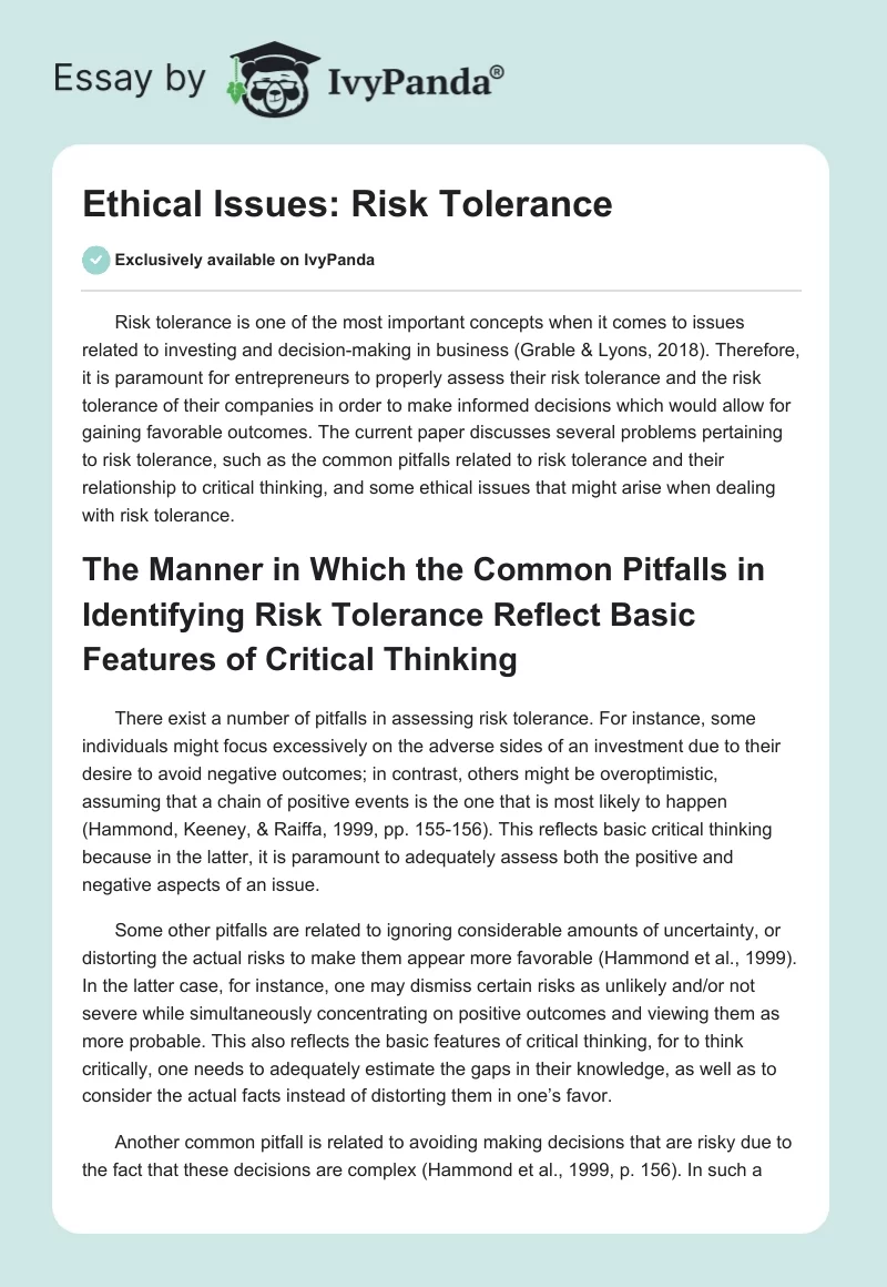 Ethical Issues: Risk Tolerance. Page 1