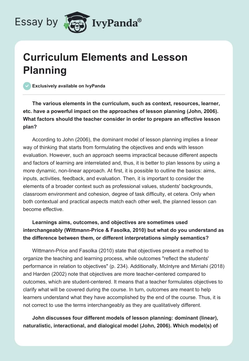 Curriculum Elements and Lesson Planning. Page 1