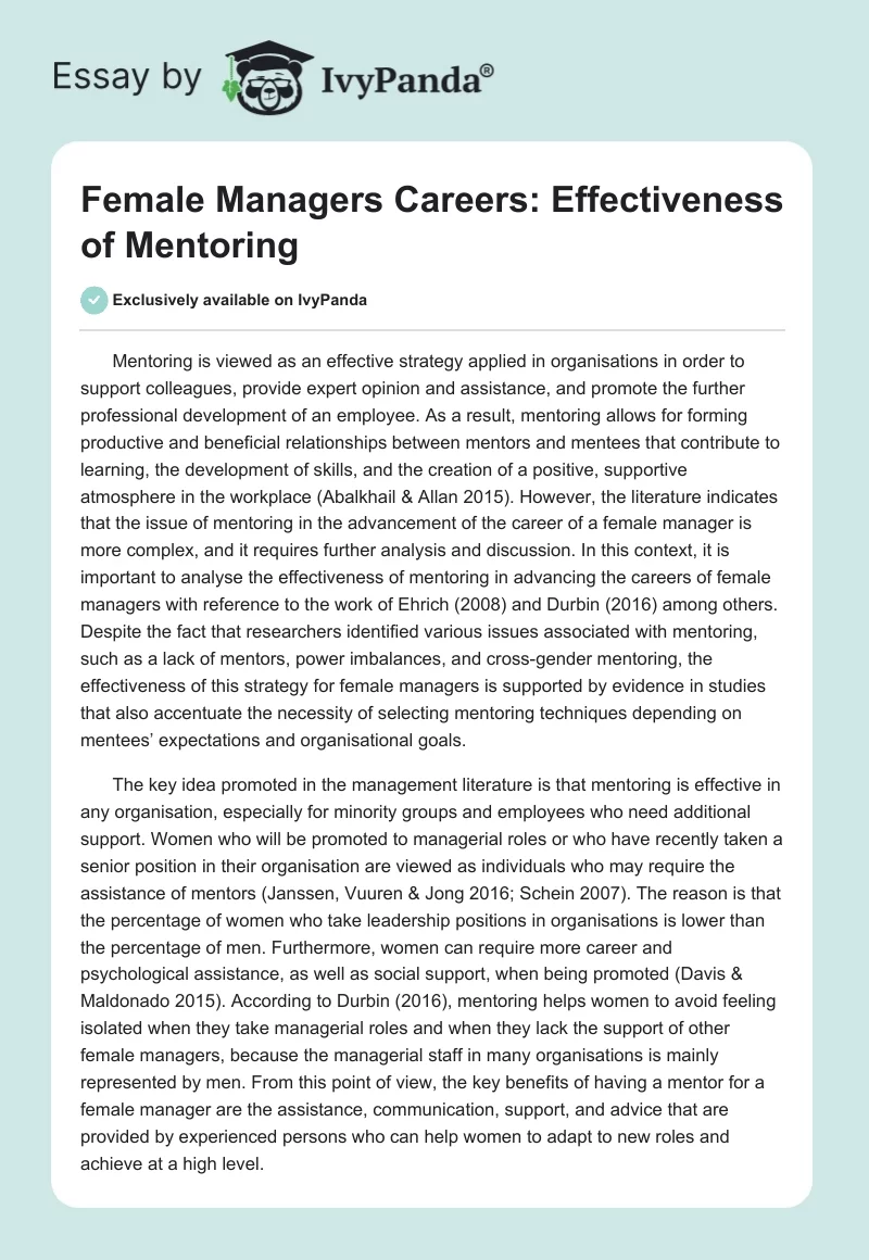 Female Managers Careers: Effectiveness of Mentoring. Page 1
