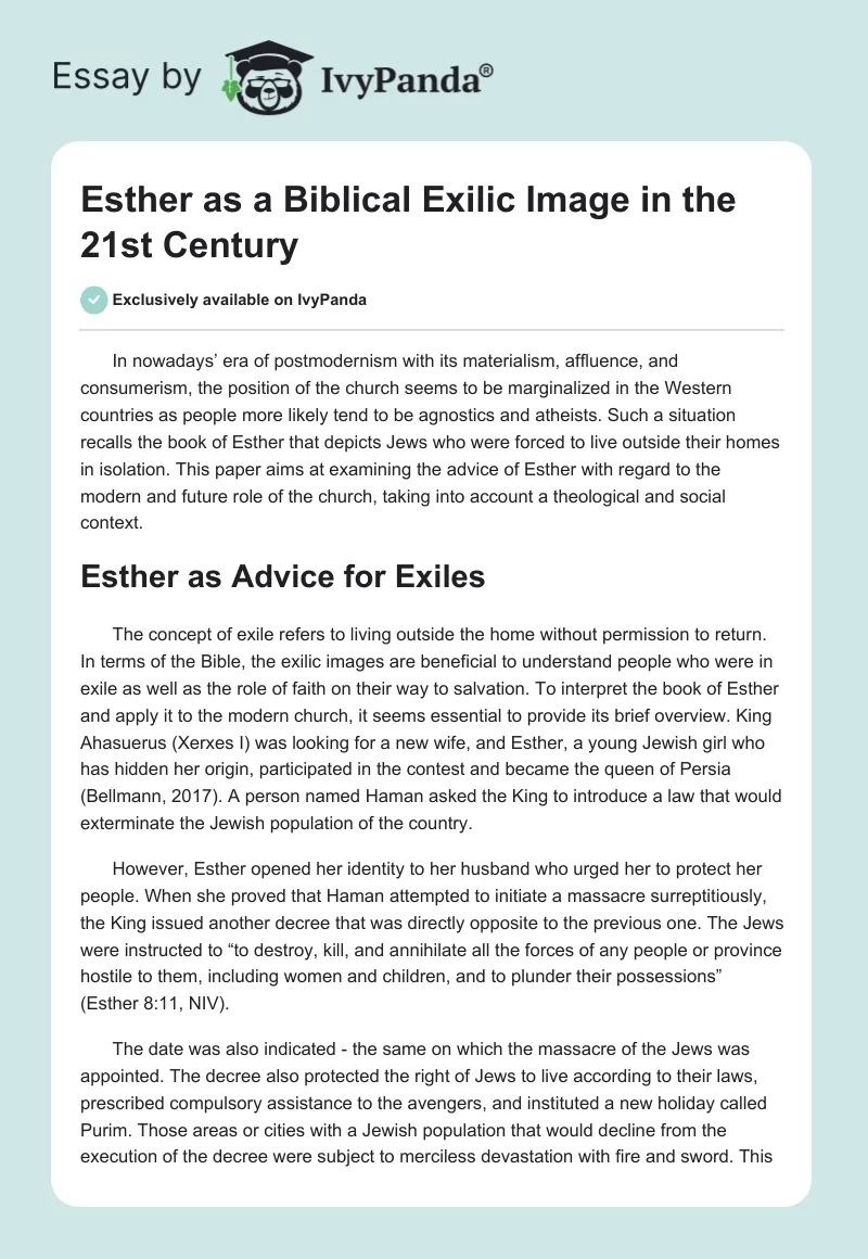 Esther as a Biblical Exilic Image in the 21st Century. Page 1
