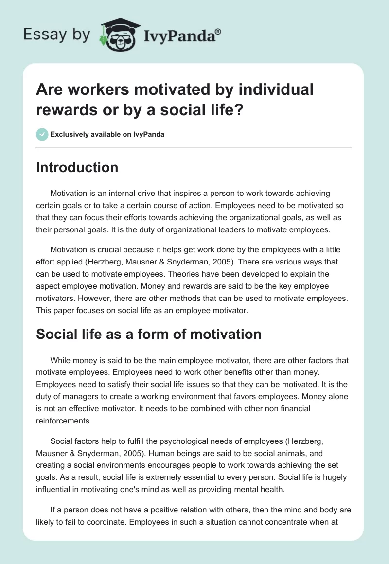 Are workers motivated by individual rewards or by a social life?. Page 1