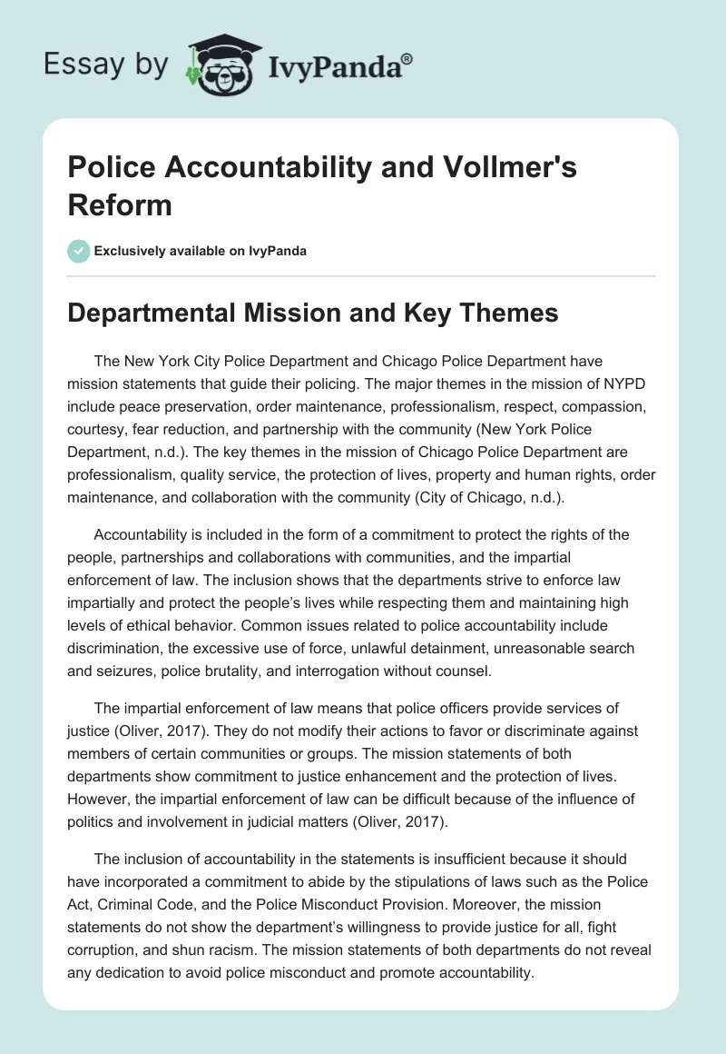 Police Accountability and Vollmer's Reform. Page 1