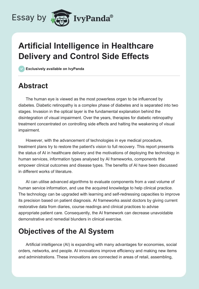 Artificial Intelligence in Healthcare Delivery and Control Side Effects. Page 1