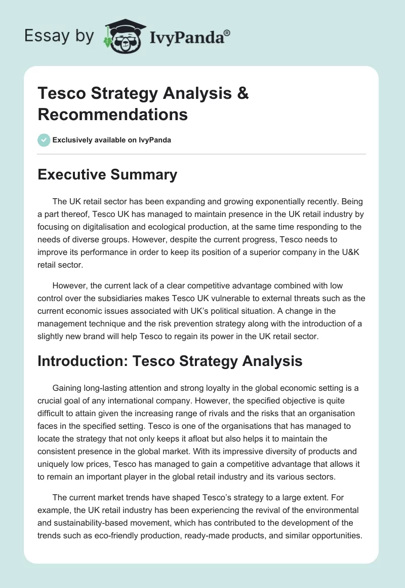 Tesco Strategy Analysis & Recommendations. Page 1