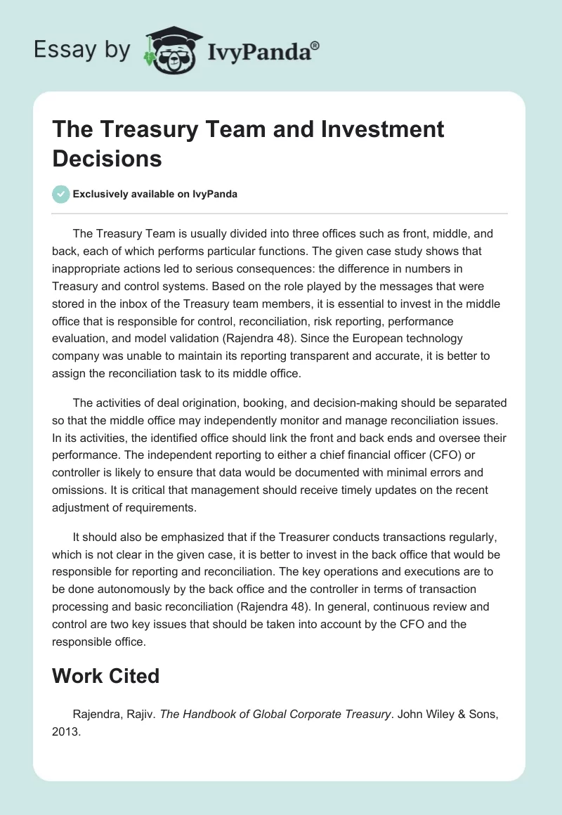 The Treasury Team and Investment Decisions. Page 1