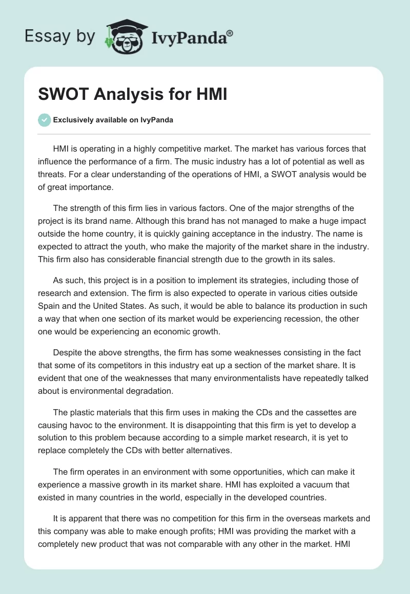 SWOT Analysis for HMI. Page 1