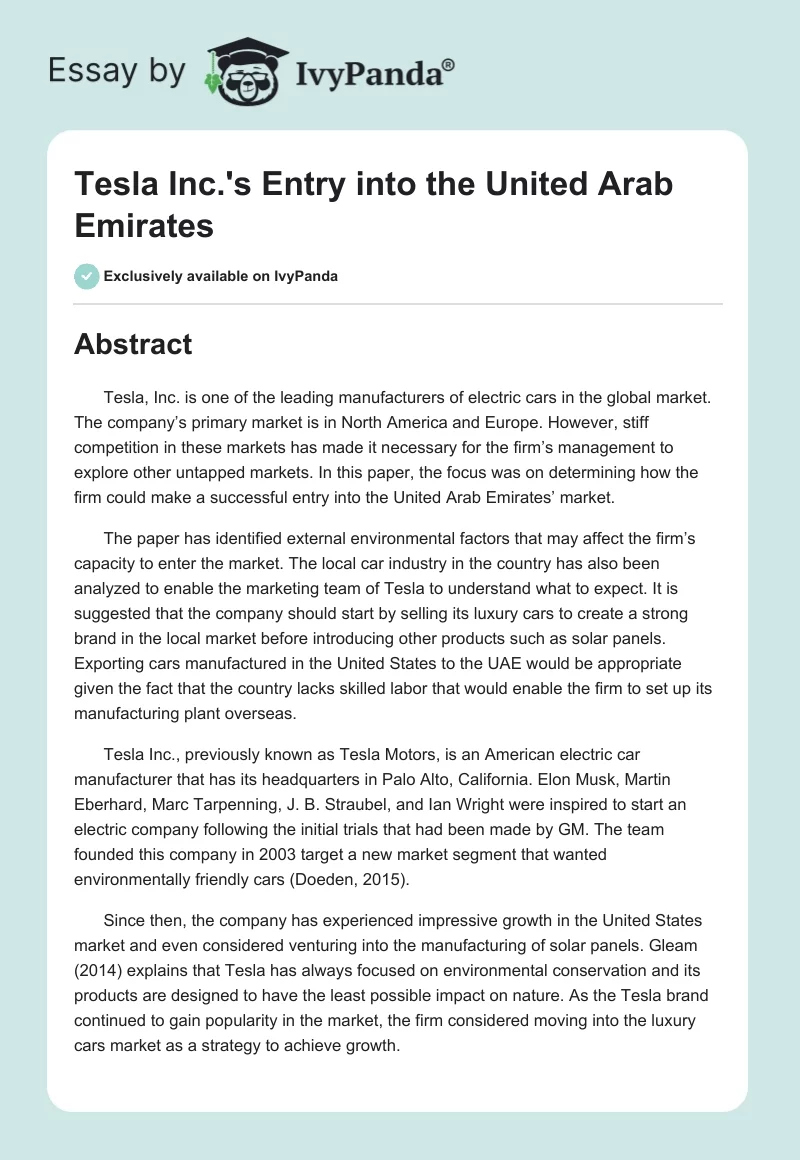 Tesla Inc.'s Entry into the United Arab Emirates. Page 1