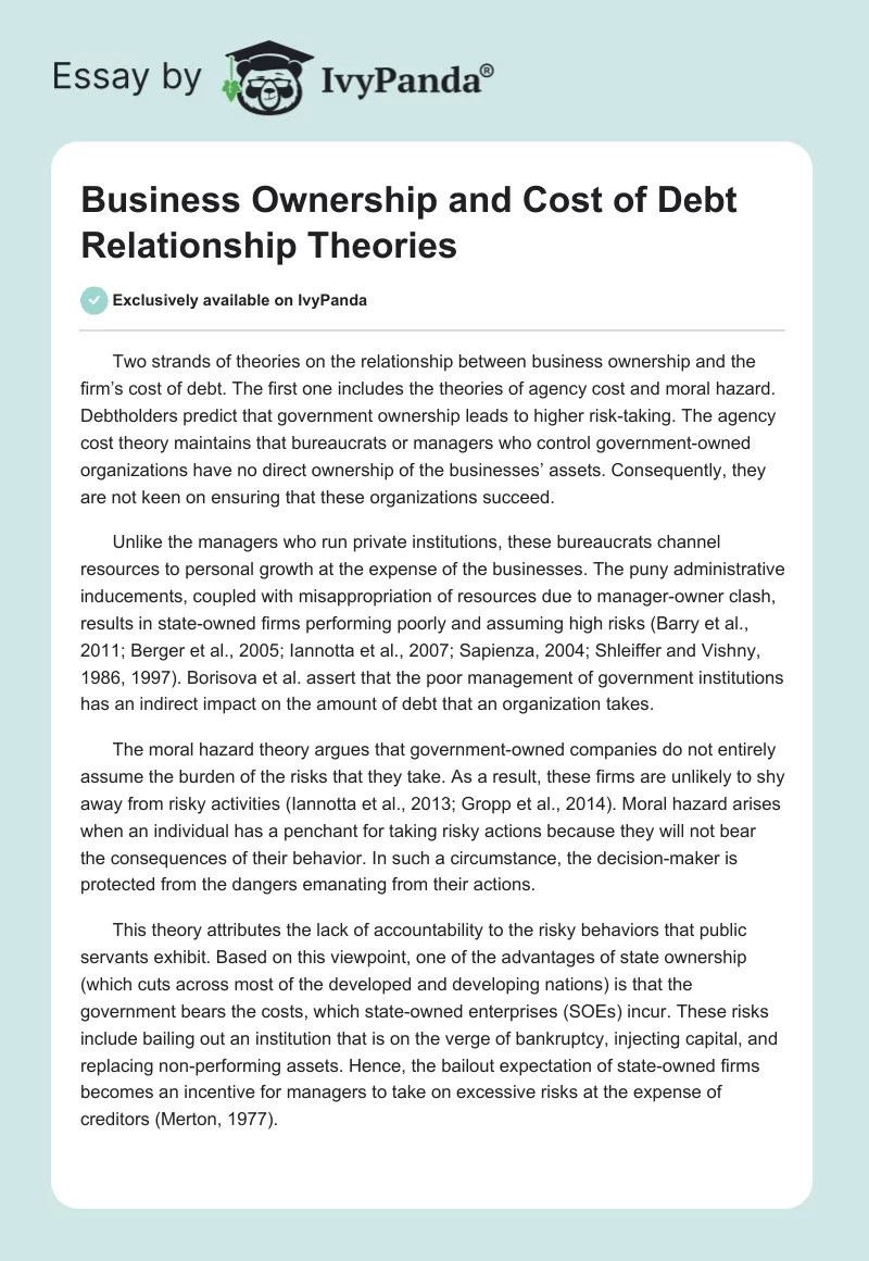 Business Ownership and Cost of Debt Relationship Theories. Page 1