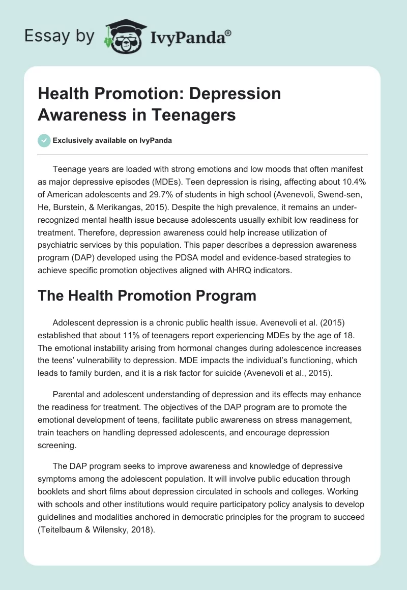 Health Promotion: Depression Awareness in Teenagers. Page 1